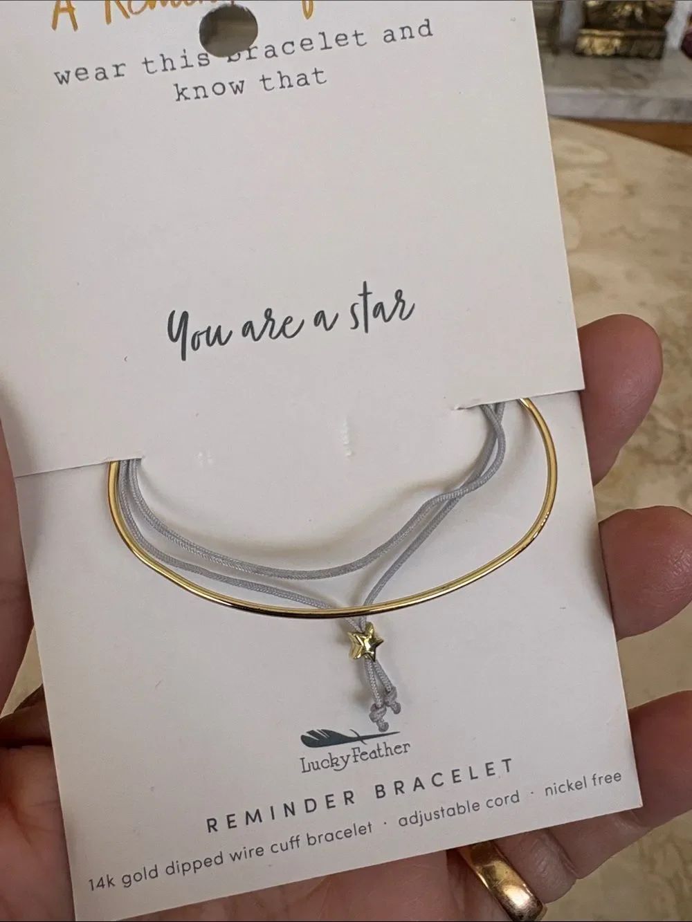 Lucky Feather Reminder Bracelet  “You Are A Star” 14K Gold Dipped Wire Cuff NEW